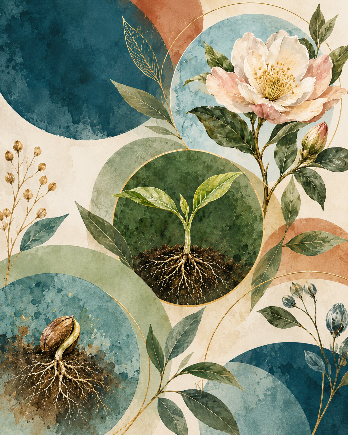 Watercolor seed, rooted sprout, and blooming flower in teal, sage, and cream