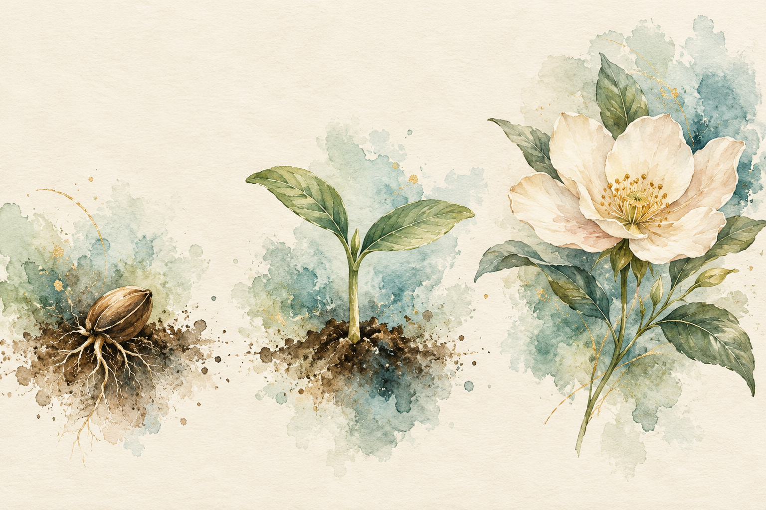 Watercolor seed taking root, a leafy sprout, and an open flower