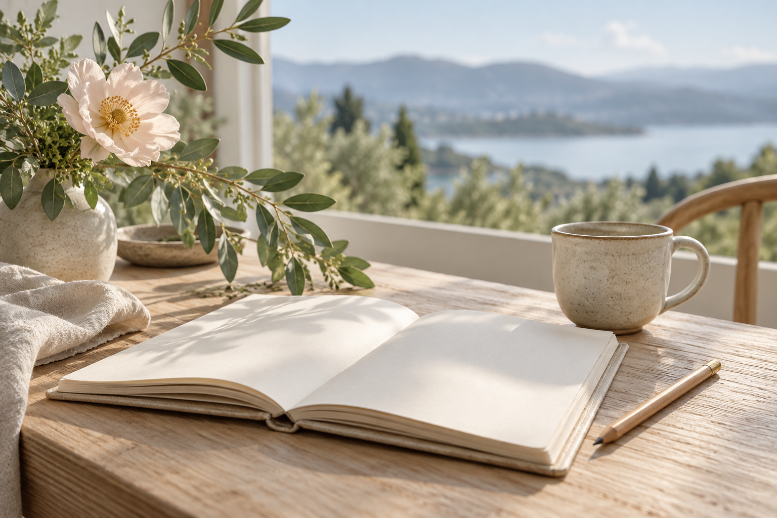 An open journal and flowers in soft daylight